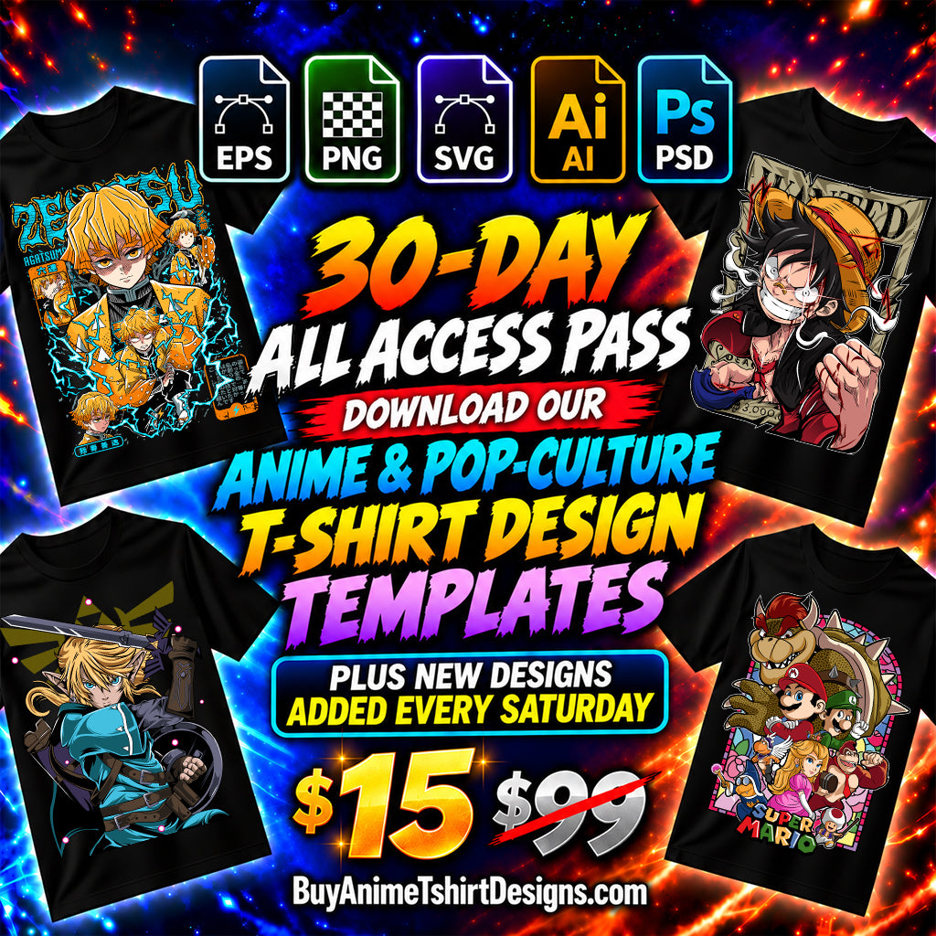 30-Day All Access Pass – Download Our Anime & Pop-Culture T-shirt Design Templates