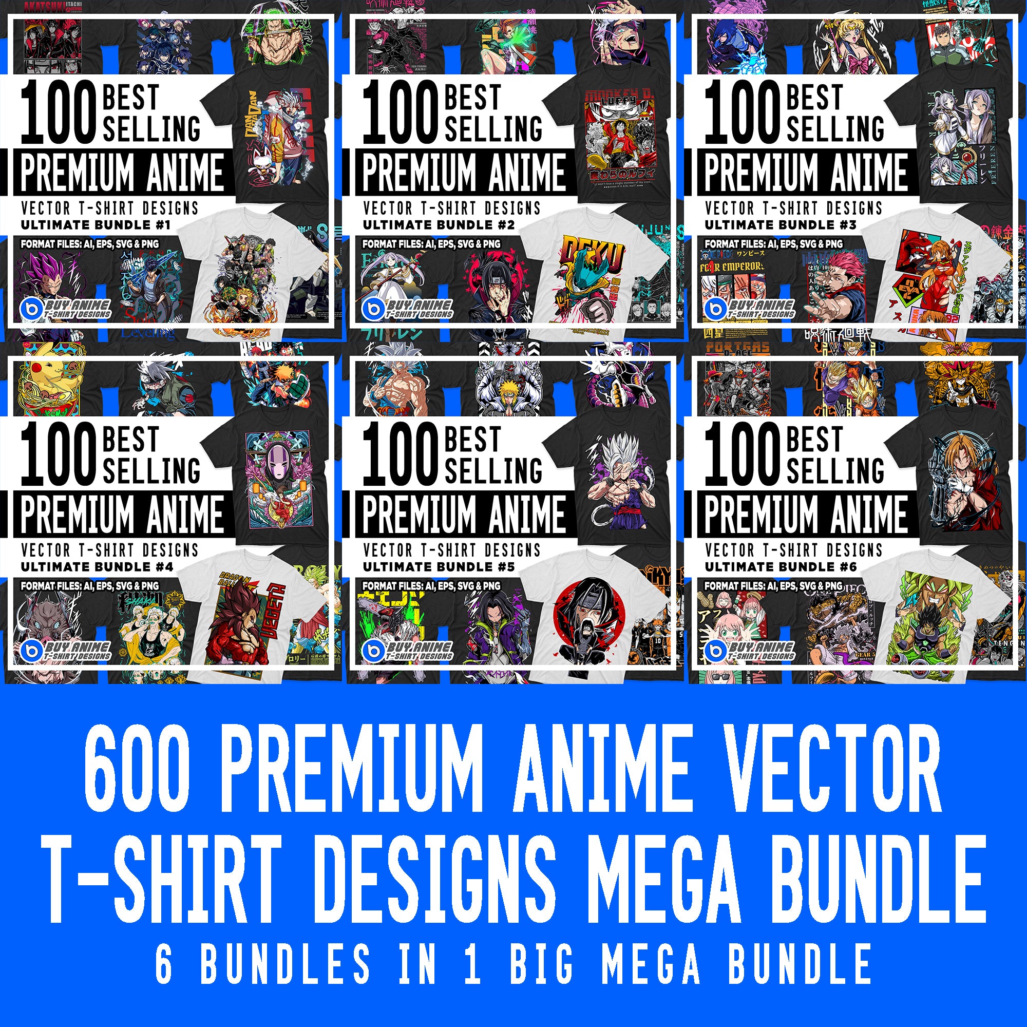600 Best Selling Premium Anime Vector T-Shirt Designs Mega Bundle