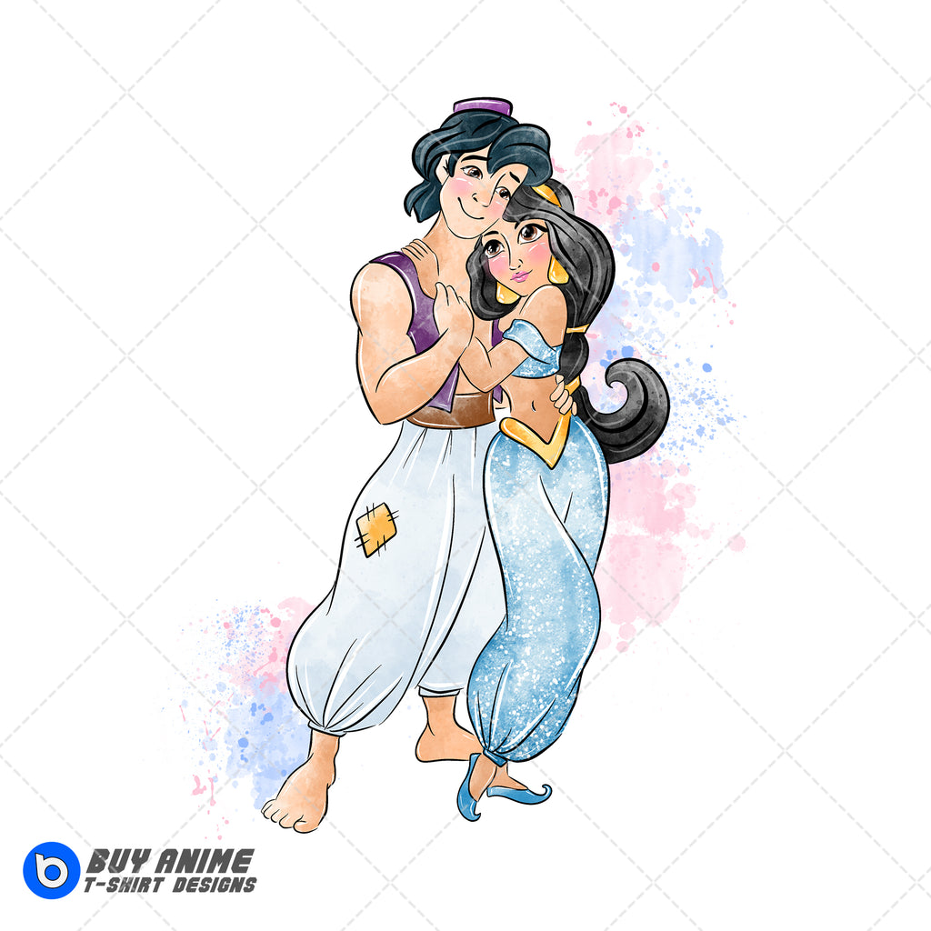 Aladdin and Jasmine Watercolor Clipart PNG Hand Drawn Illustration