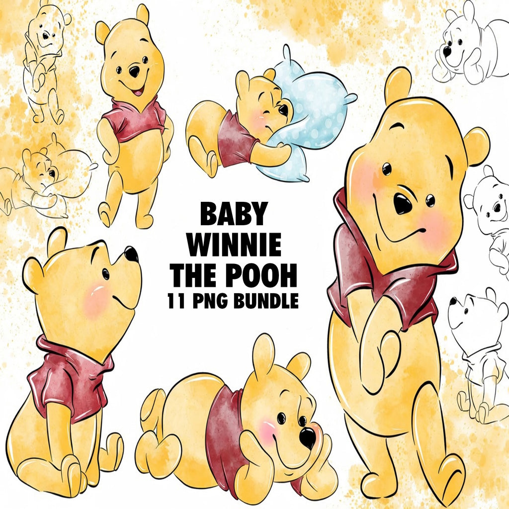 Baby Winnie The Pooh Watercolor Clipart PNG Bundle