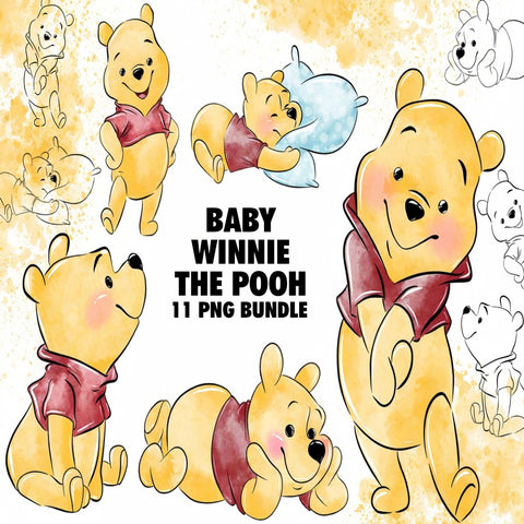 Baby Winnie The Pooh Watercolor Clipart PNG Bundle
