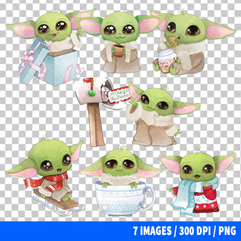 Baby Yoda Christmas Clipart PNG Bundle