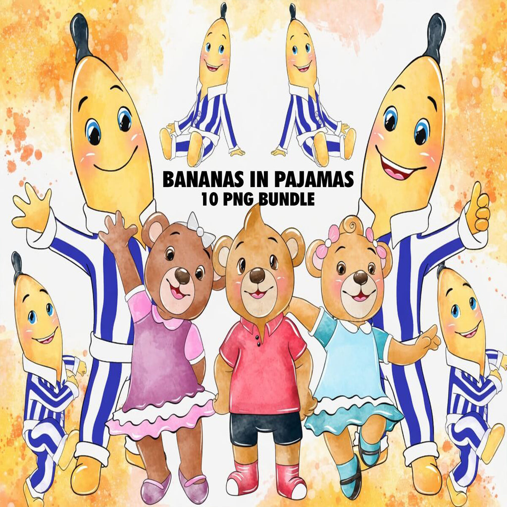 Bananas in Pajamas Watercolor Clipart PNG Bundle