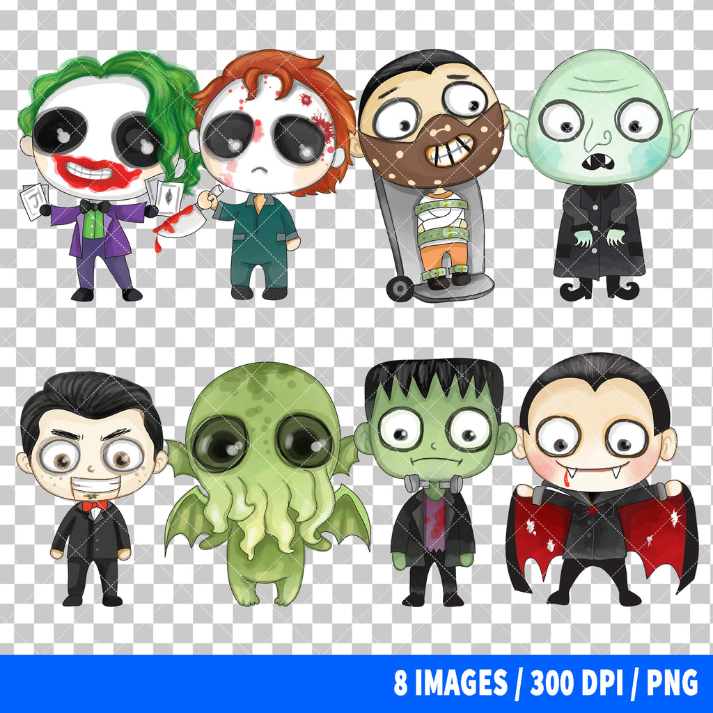 Cute Horror Characters Halloween Clipart PNG Bundle