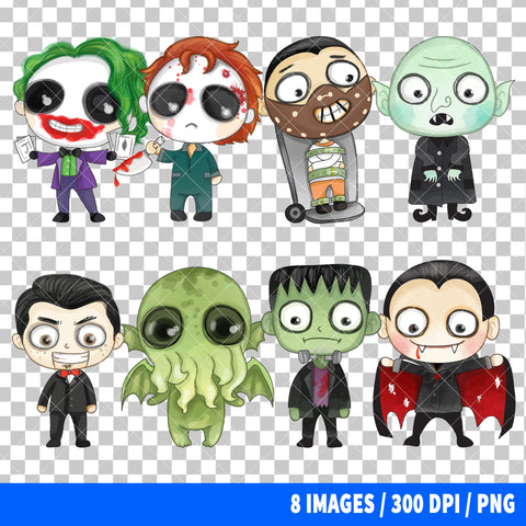 Cute Horror Characters Halloween Clipart PNG Bundle