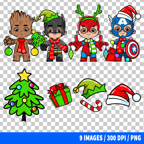 Cute Superheroes Christmas Clipart PNG Bundle