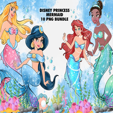 Disney Princess Mermaid Watercolor Clipart PNG Bundle #4