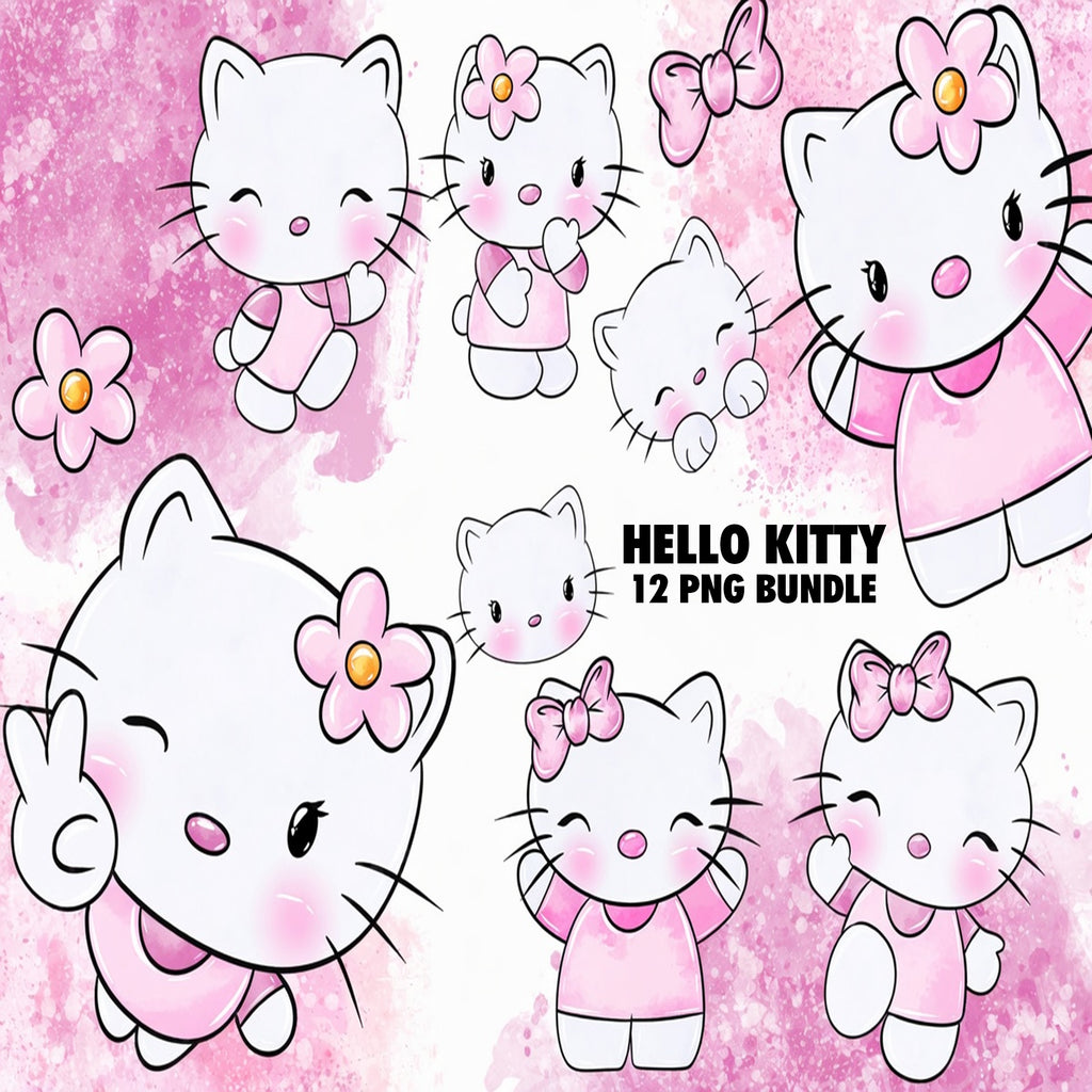 Hello Kitty Watercolor Clipart PNG Bundle