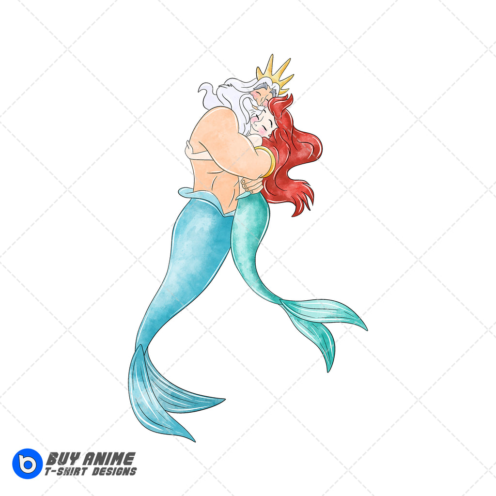 King Triton and Ariel The Little Mermaid Watercolor Clipart PNG Hand Drawn Illustration