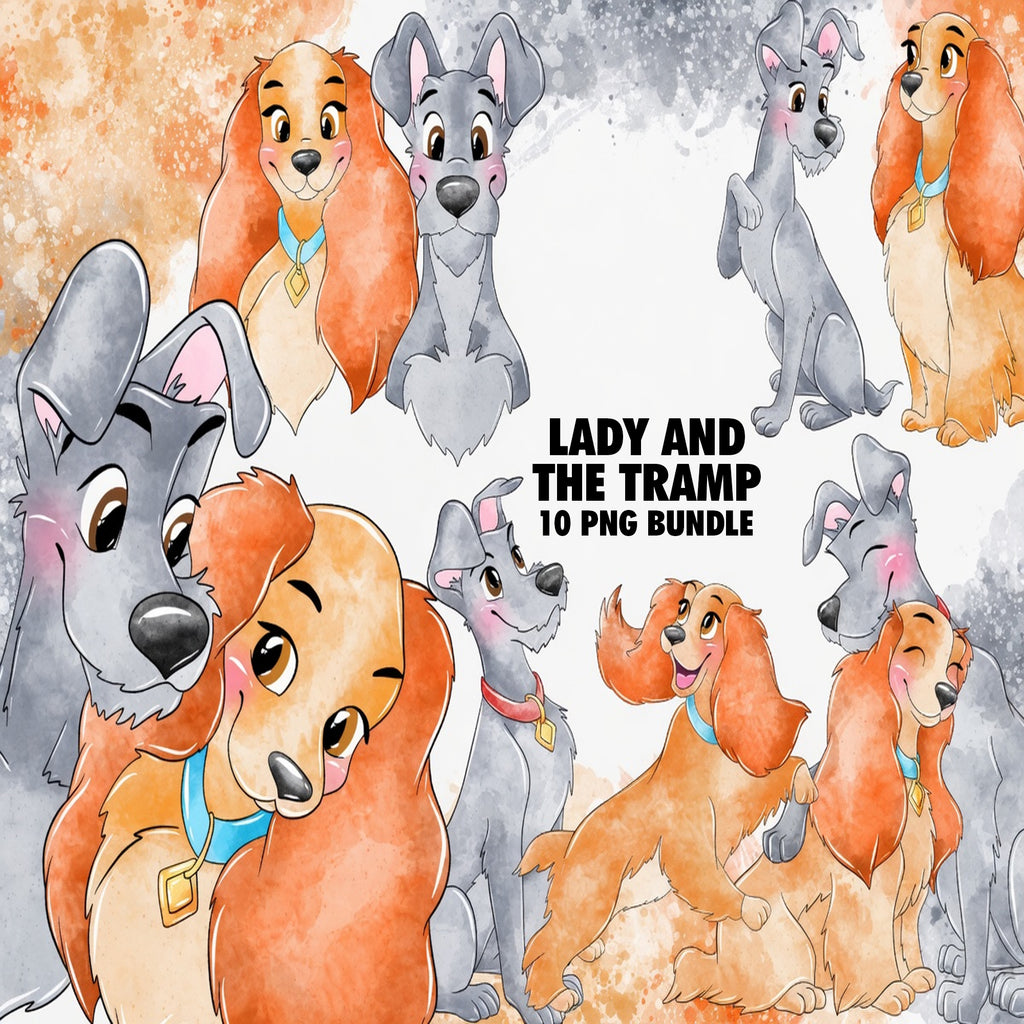 Lady and the Tramp Watercolor Clipart PNG Bundle