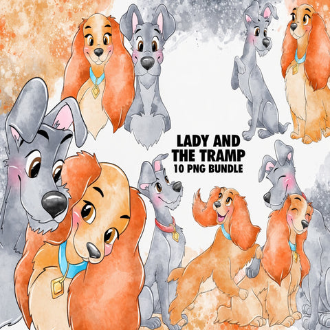 Lady and the Tramp Watercolor Clipart PNG Bundle