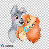 Lady and the Tramp Watercolor Clipart PNG Hand Drawn Illustration