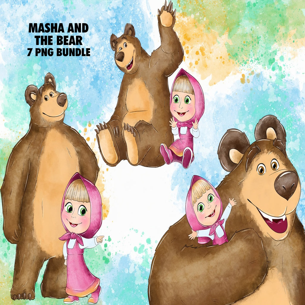 Masha And The Bear Watercolor Clipart PNG Bundle