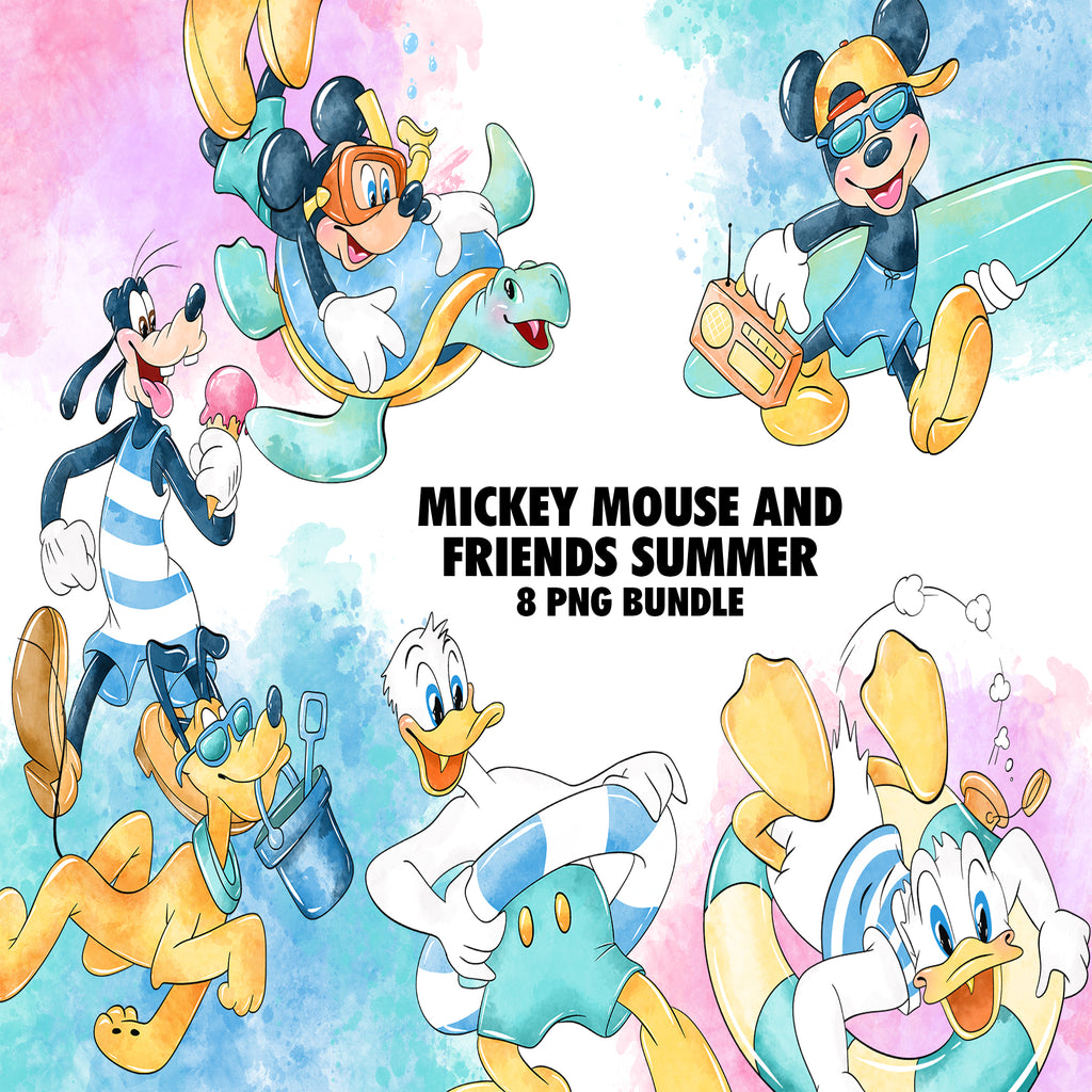 Mickey Mouse And Friends Summer Watercolor Clipart PNG Bundle