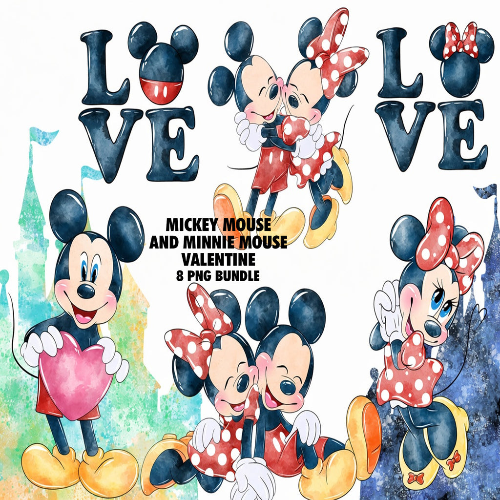 Mickey Mouse And Minnie Mouse Valentine Watercolor Clipart PNG Bundle
