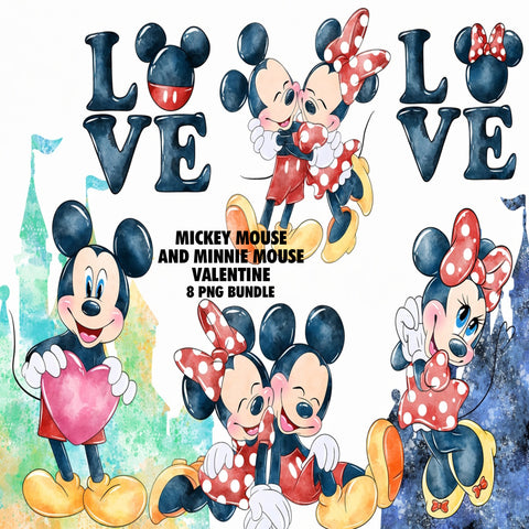 Mickey Mouse And Minnie Mouse Valentine Watercolor Clipart PNG Bundle