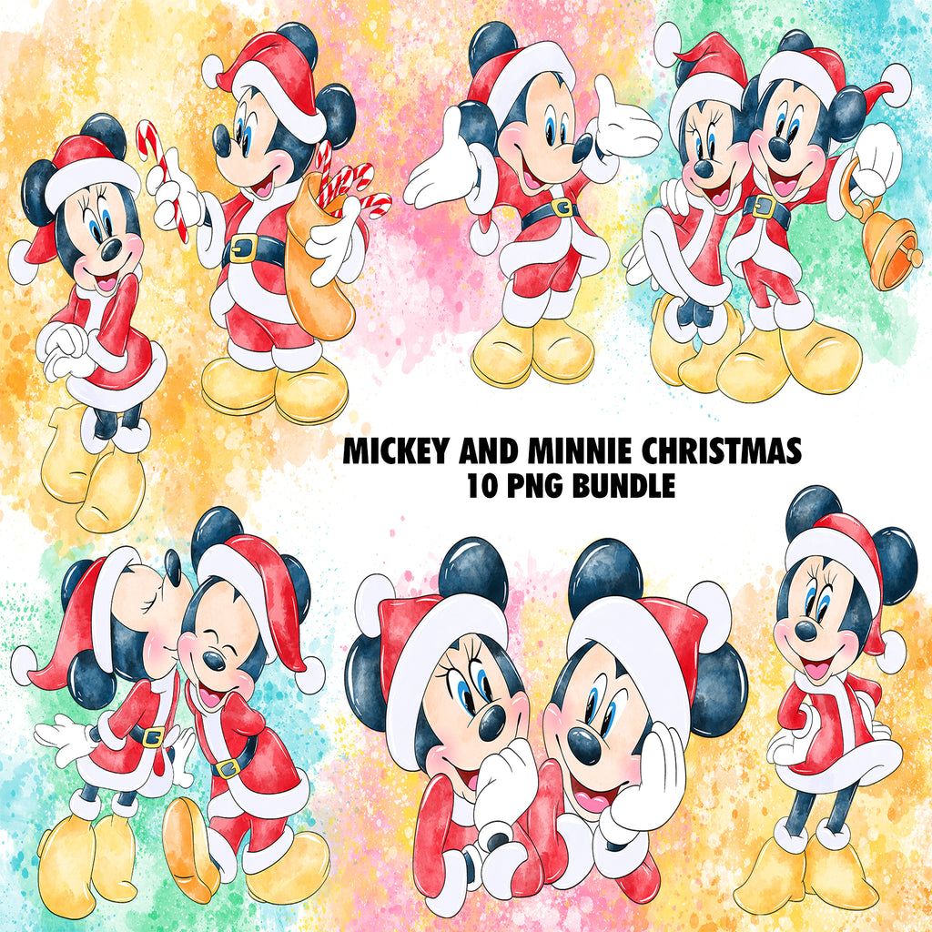 Mickey and Minnie Christmas Watercolor Clipart PNG Bundle