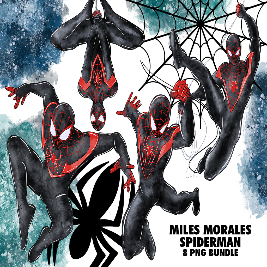 Miles Morales Spiderman Watercolor Clipart PNG Bundle