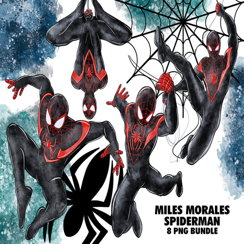 Miles Morales Spiderman Watercolor Clipart PNG Bundle