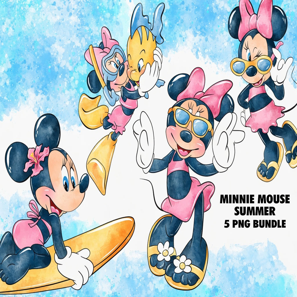 Minnie Mouse Summer Watercolor Clipart PNG Bundle