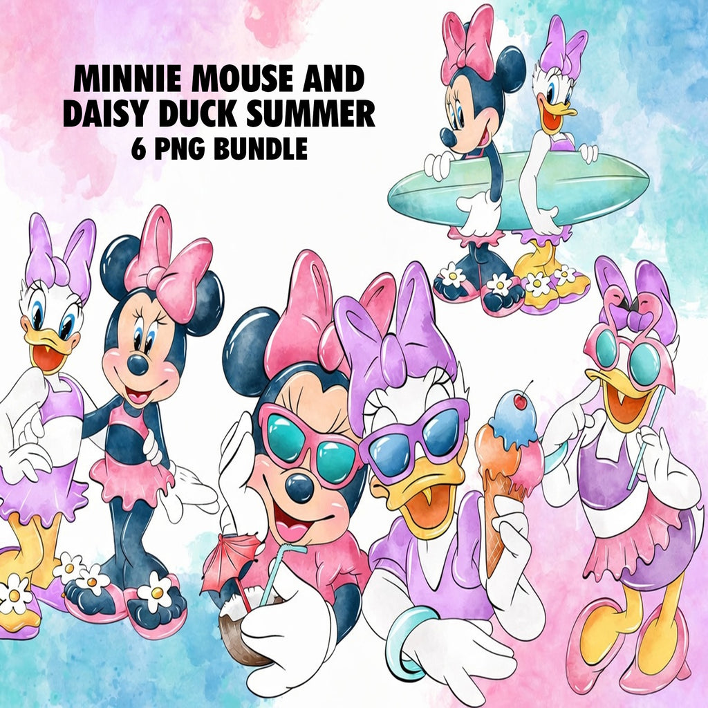 Minnie Mouse and Daisy Duck Summer Watercolor Clipart PNG Bundle