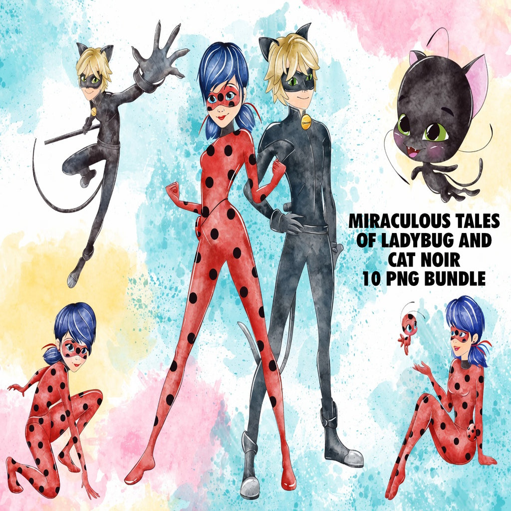 Miraculous Tales of Ladybug and Cat Noir Watercolor Clipart PNG Bundle