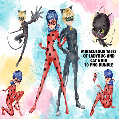 Miraculous Tales of Ladybug and Cat Noir Watercolor Clipart PNG Bundle
