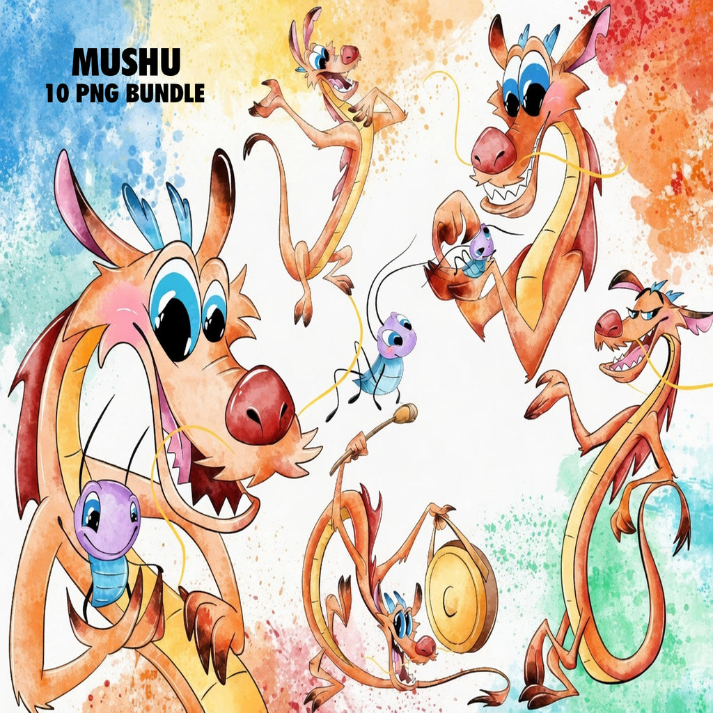Mushu Mulan Watercolor Clipart PNG Bundle