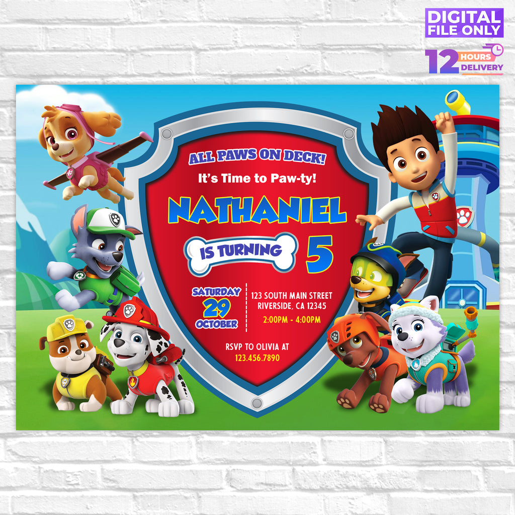 Personalised Paw Patrol Digital Printable Birthday Party Invitation
