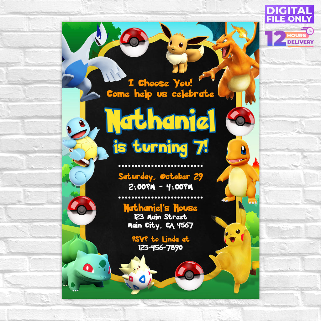 Personalised Pokemon Digital Printable Birthday Party Invitation