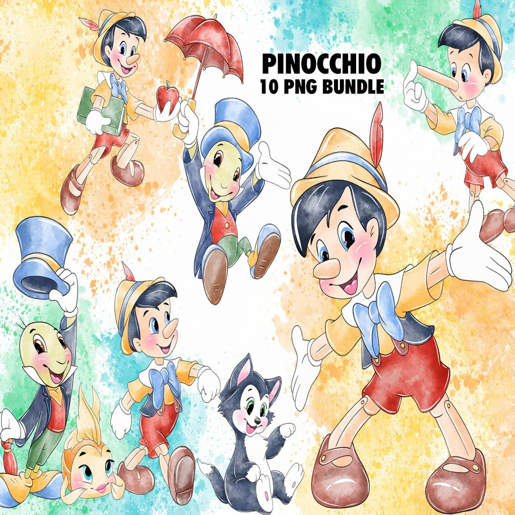 Pinocchio Watercolor Clipart PNG Bundle #2