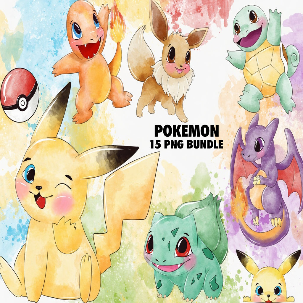 Pokemon Watercolor Clipart PNG Bundle #5