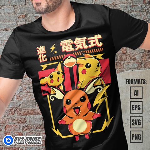 Premium Pikachu Evolution Pokemon Anime Vector T-shirt Design Template