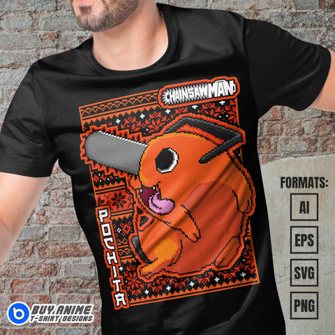 Premium Pochita x Christmas Chainsaw Man Anime Vector T-shirt Design Template