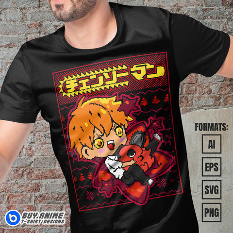 Premium Denji x Christmas Chainsaw Man Anime Vector T-shirt Design Template