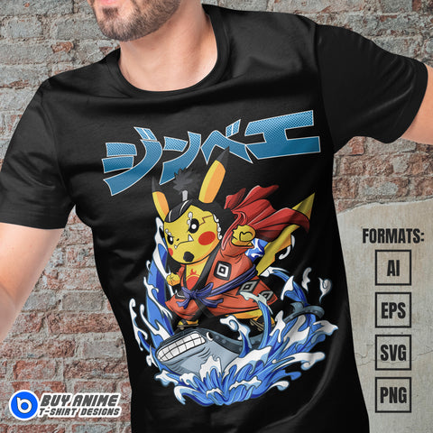 Premium Pikachu x Jinbe Pokemon x One Piece Anime Vector T-shirt Design Template