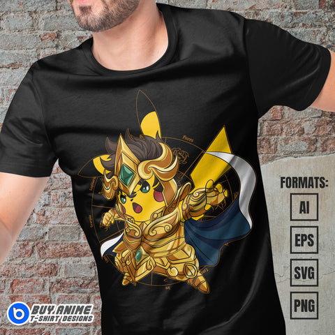 Premium Pikachu Pokemon x Saint Seiya Anime Vector T-shirt Design Template