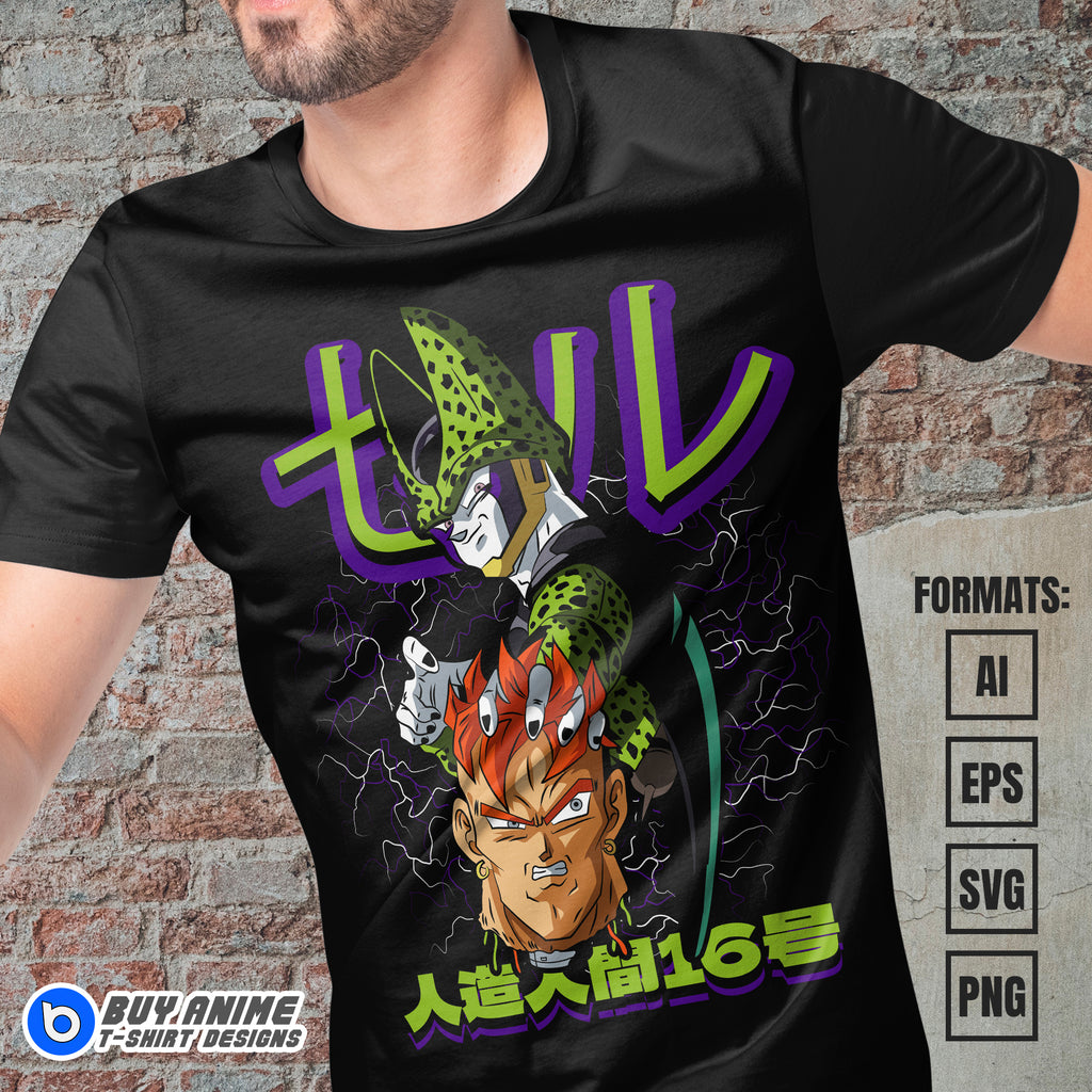 Premium Cell x Android 16 Dragon Ball Anime Vector T-shirt Design Template