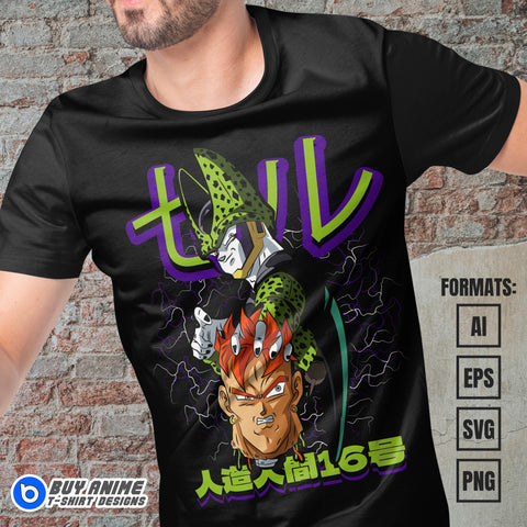 Premium Cell x Android 16 Dragon Ball Anime Vector T-shirt Design Template