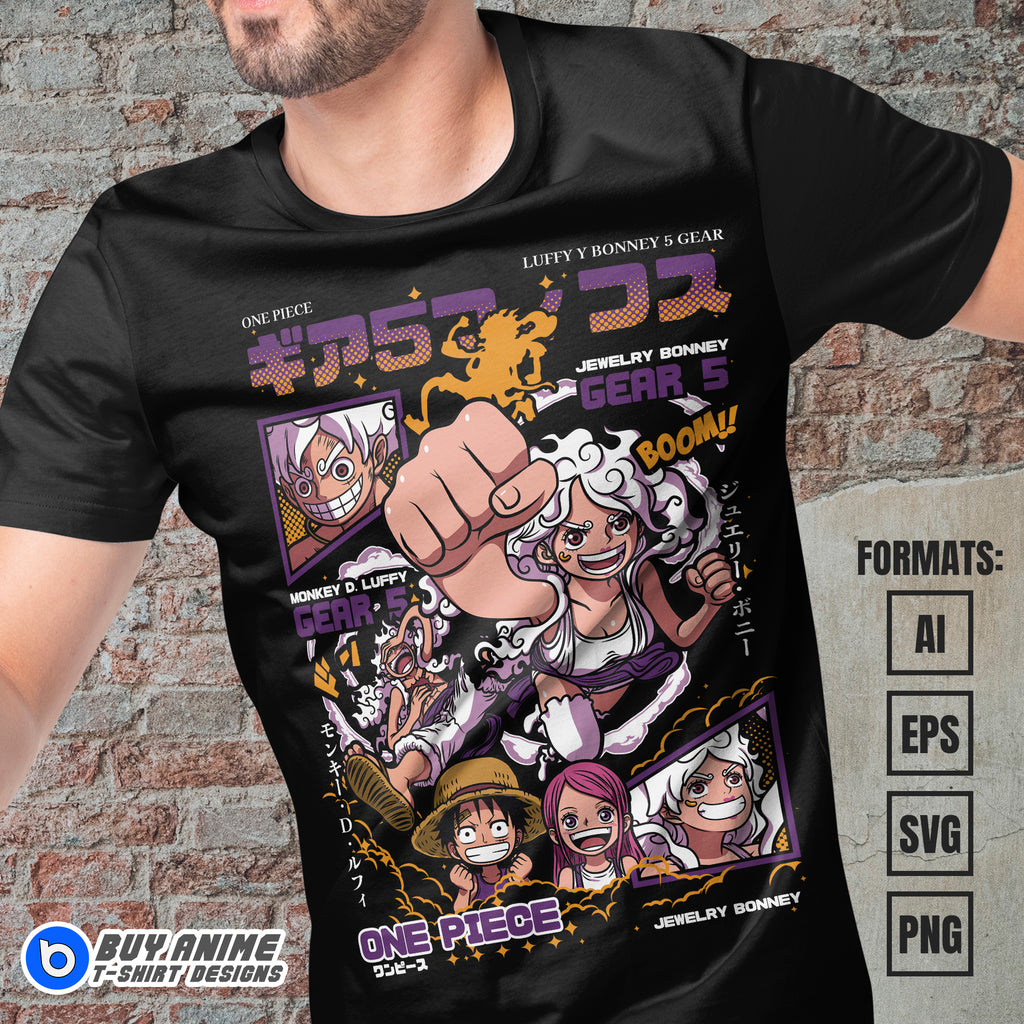 Premium Luffy Gear 5 x Bonney One Piece Anime Vector T-shirt Design Template