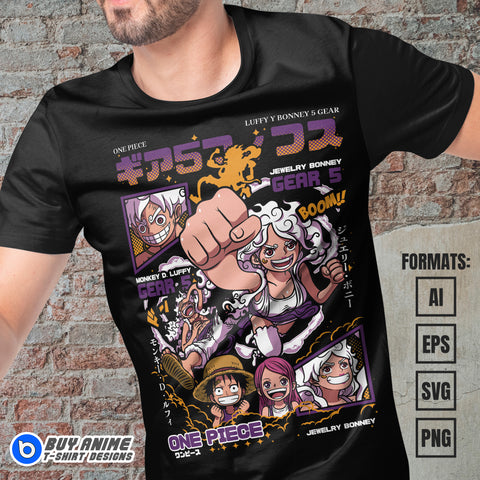 Premium Luffy Gear 5 x Bonney One Piece Anime Vector T-shirt Design Template