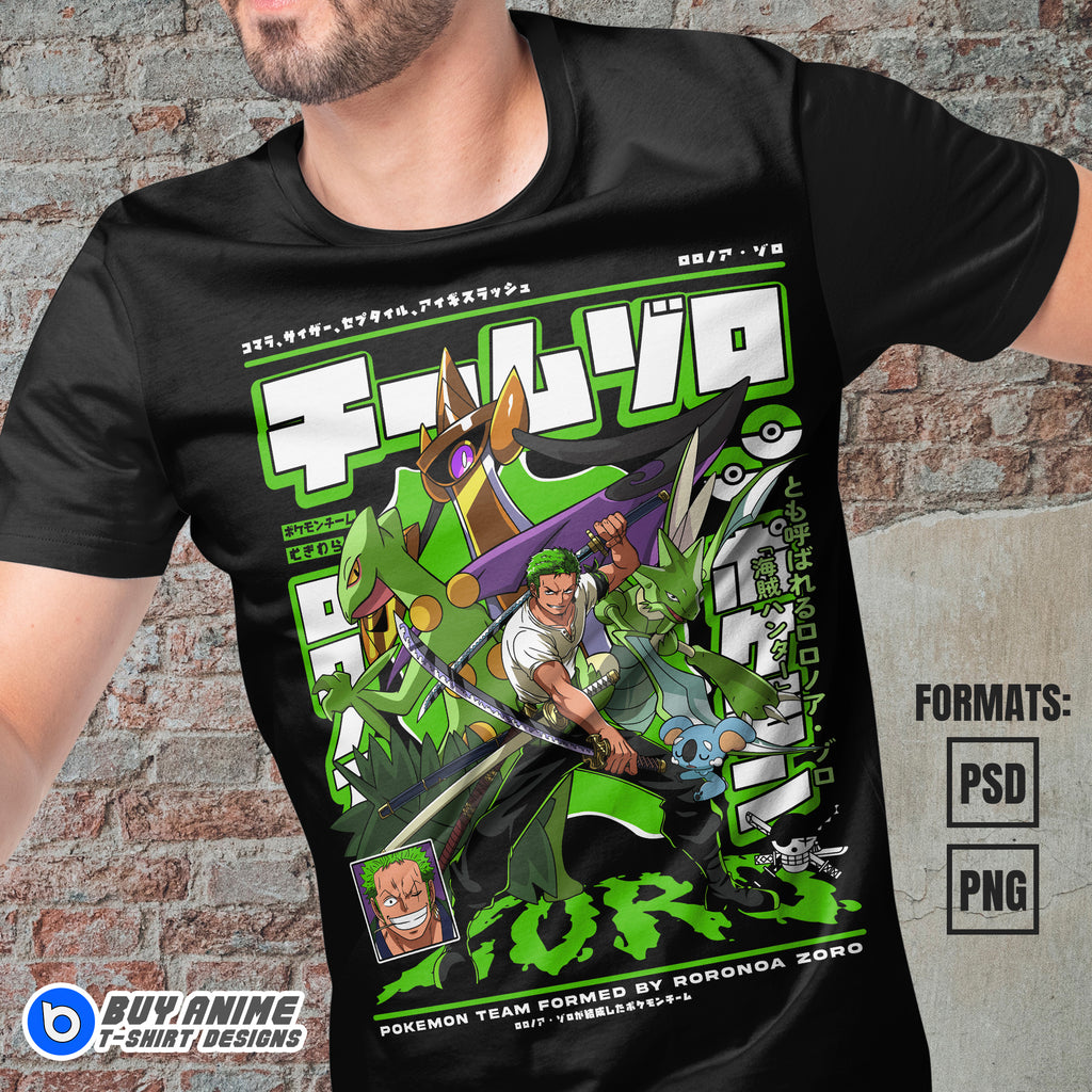 Premium Zoro x Pokemon One Piece Anime Vector T-shirt Design Template