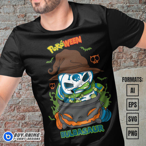 Premium Bulbasaur Halloween Pokemon Anime Vector T-shirt Design Template