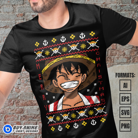 Premium Luffy Christmas One Piece Anime Vector T-shirt Design Template