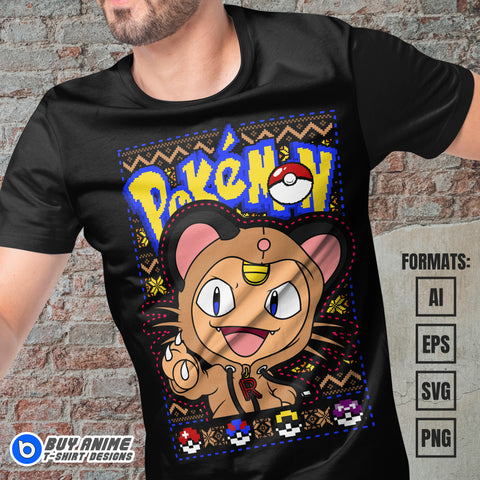 Premium Meowth Christmas Pokemon Anime Vector T-shirt Design Template