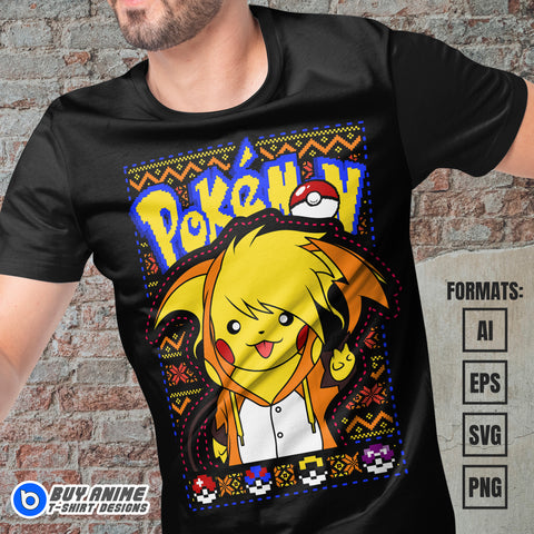 Premium Pikachu Christmas Pokemon Anime Vector T-shirt Design Template