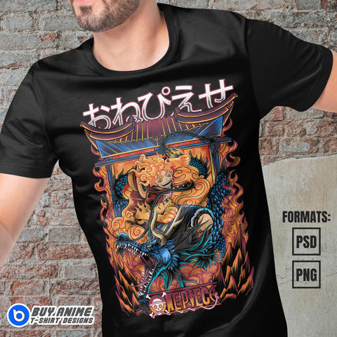 Premium Luffy Sun God Nika x Kaido One Piece Anime Vector T-shirt Design Template