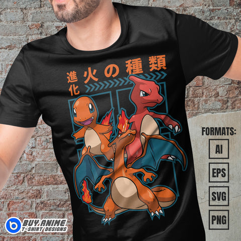 Premium Charmander Evolution Pokemon Anime Vector T-shirt Design Template