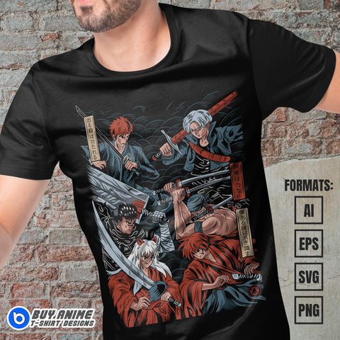 Premium Anime Swordsmen Vector T-shirt Design Template