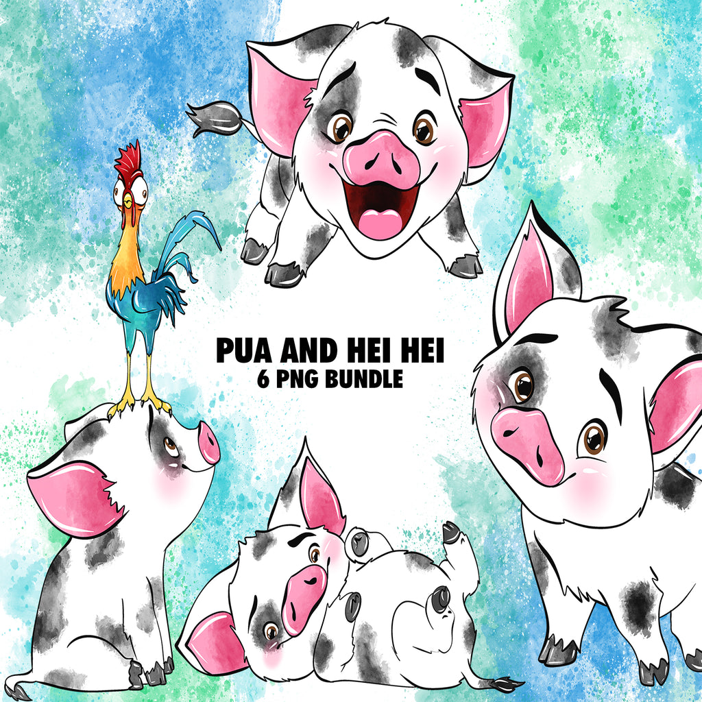Pua And Hei Hei Moana Watercolor Clipart PNG Bundle
